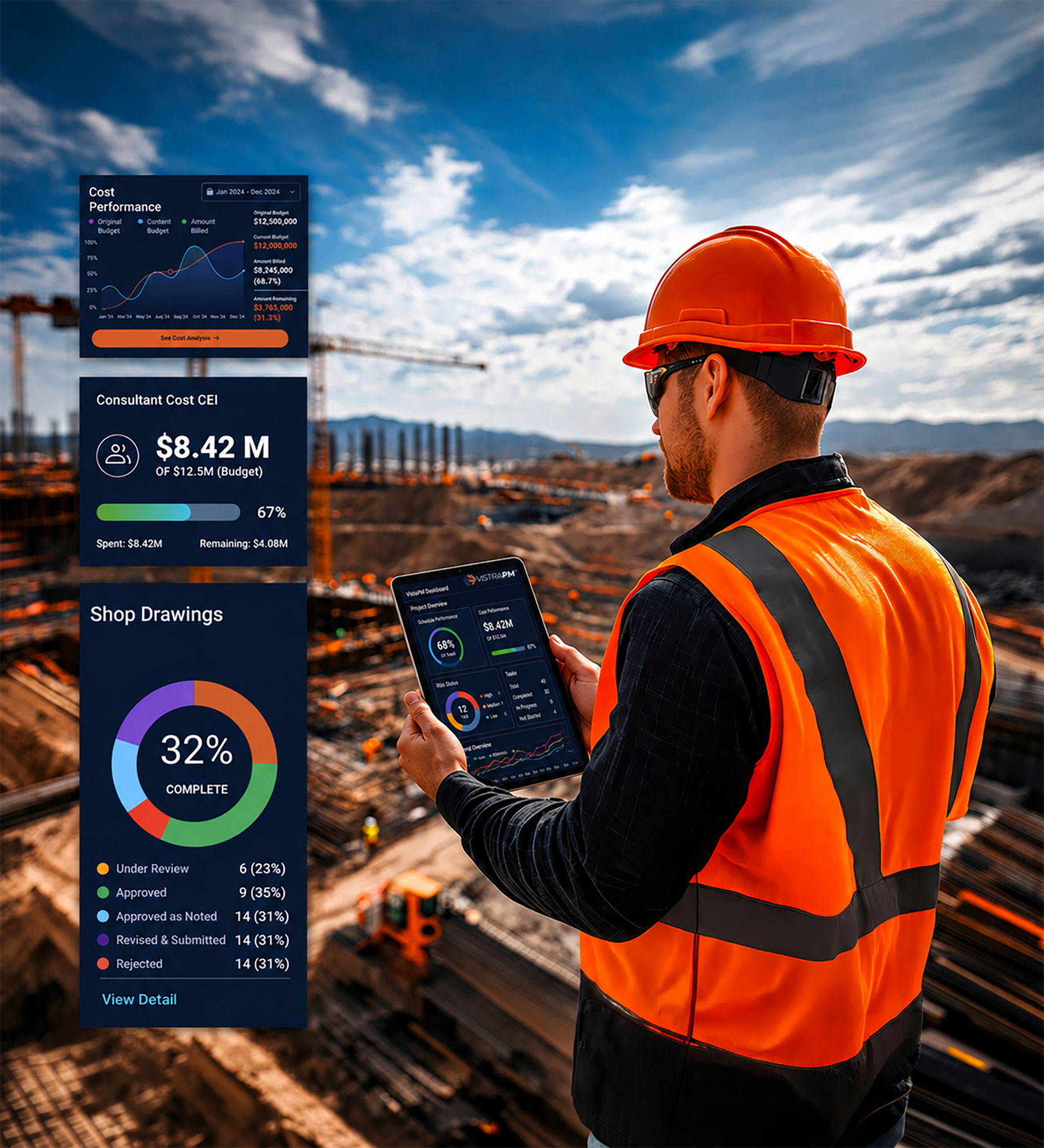 Civil engineer holding a tablet overlooking a road and bridge construction project.